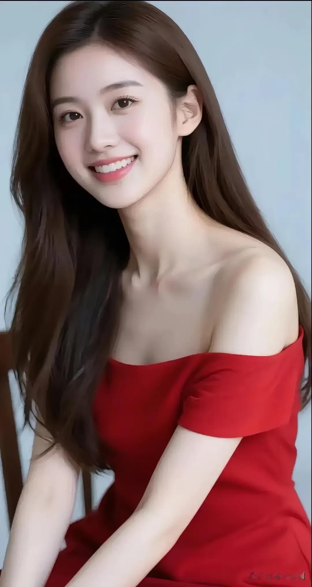 艳红露肩裙衬着柔润肩线，长发轻垂裹着清甜笑意，像揉碎的暖阳落进眼底，明媚得刚好。