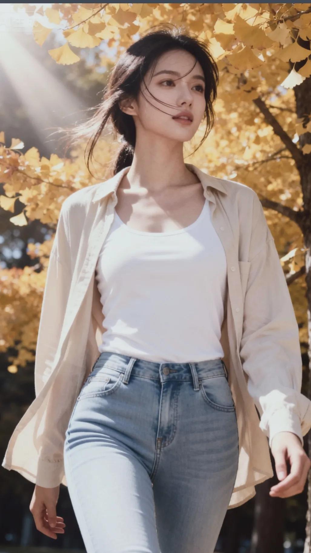 风裹着银杏叶的金，落在肩头发梢。松弛的衬衫半掩着软绵的白，光影漫过颈线，把秋意揉