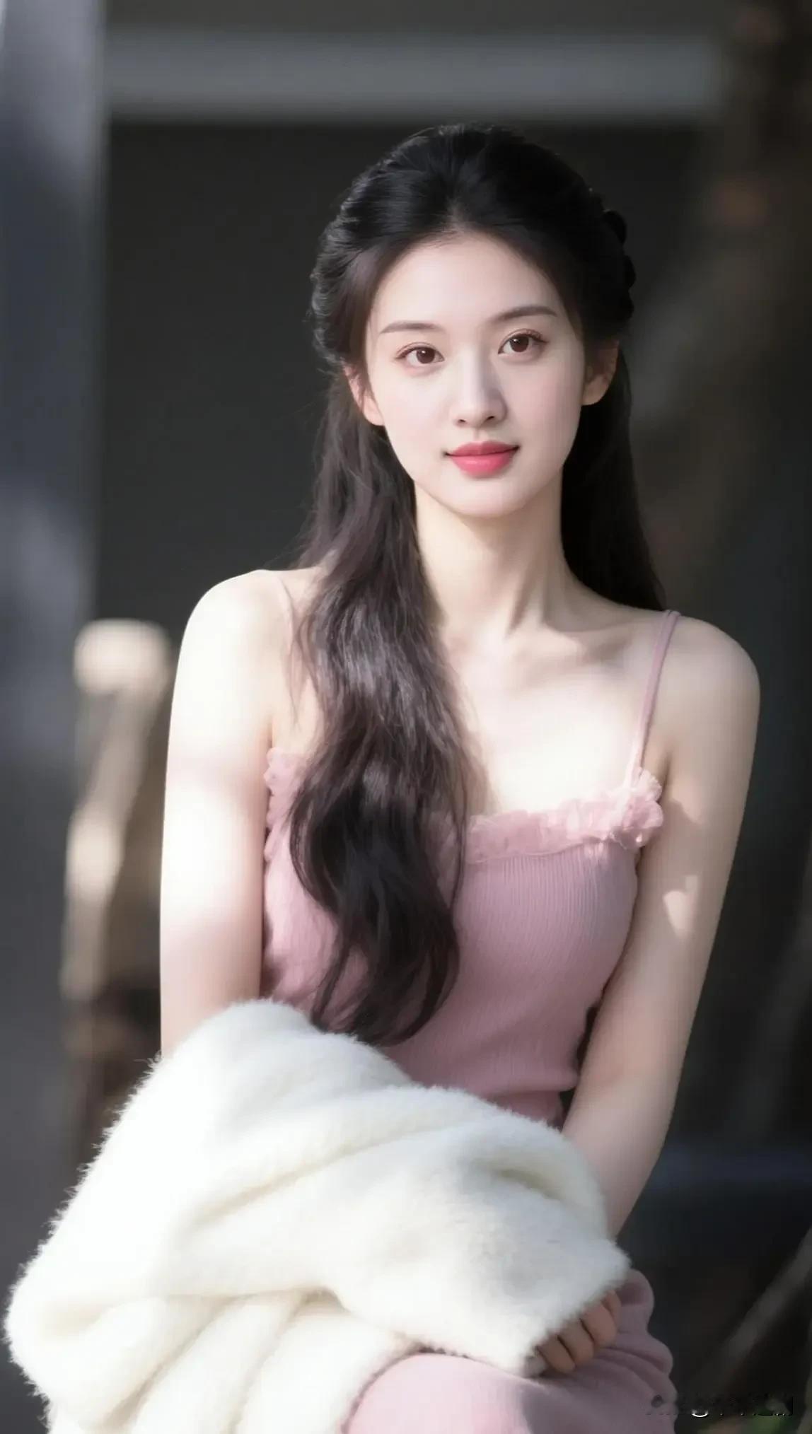 粉裙裹着柔，碎光落在肩颈的软弧上。发梢缠了点甜意，连怀里的绒毯都浸着温软的春味。