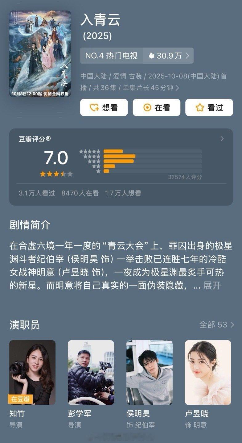 侯明昊、卢昱晓的入青云郫县开分7分，3.7万人打分，这个分数在最近新上剧里算挺