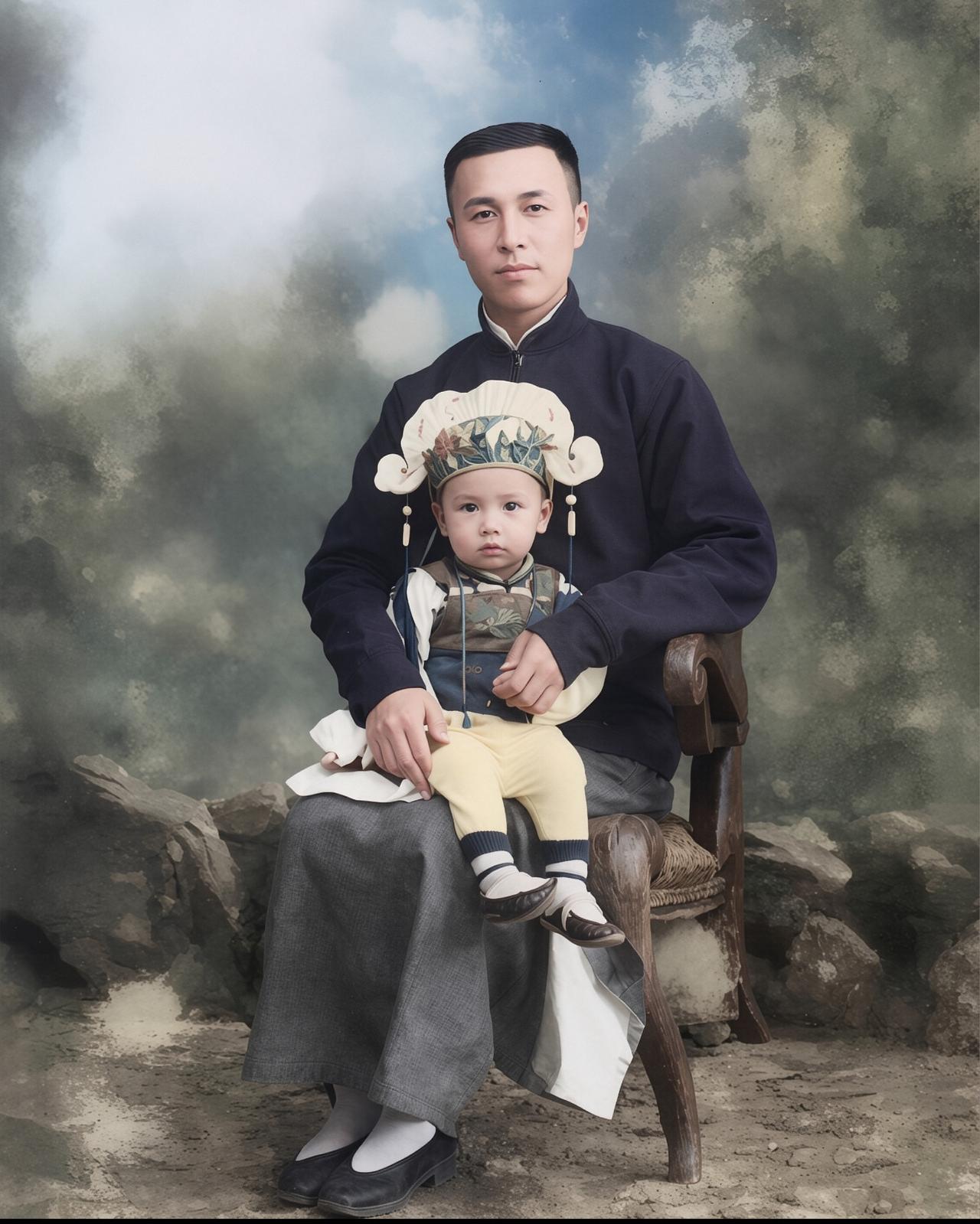 1912年，杭州。钱学森的周岁照。幼年钱学森和父亲钱均夫的一张合影，小衣服和帽子