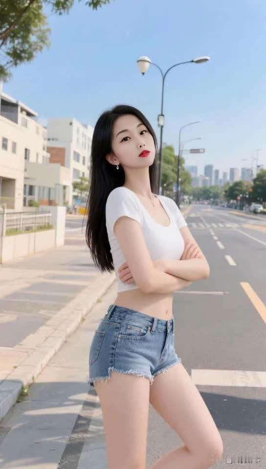 清新甜美，白T恤+牛仔短裤，元气满满！气质美女肤白貌美