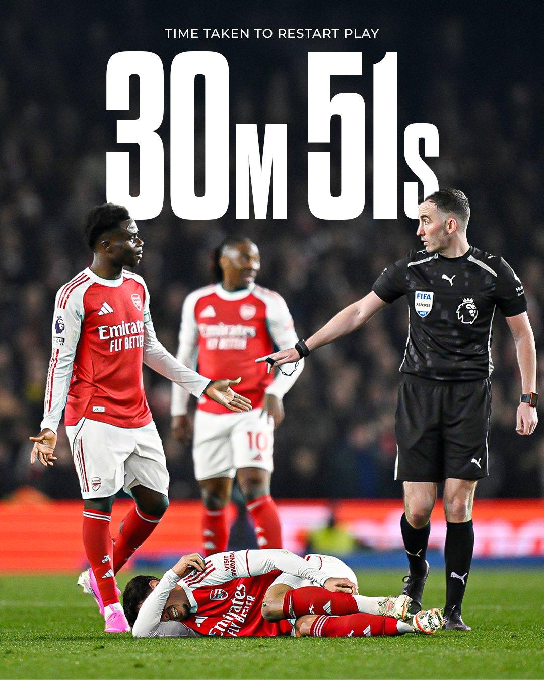 布莱顿主帅拿阿森纳故意拖延比赛时间说事，其实没有道理。根据Opta的数据，阿森纳