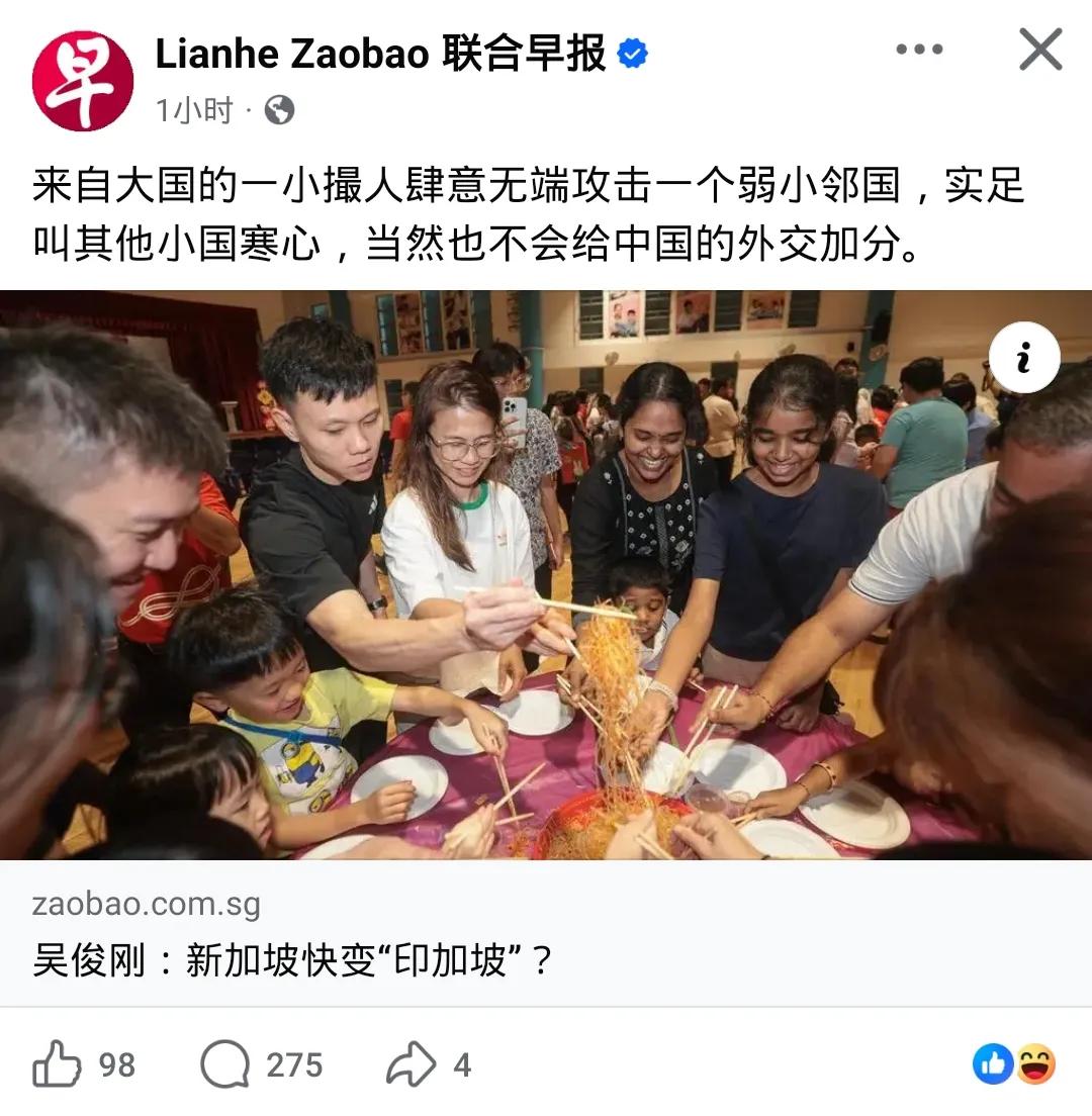 新加坡这是只许州官放火，不许百姓点灯啊。吴俊刚在联合早报撰文称:来自大国的一小撮