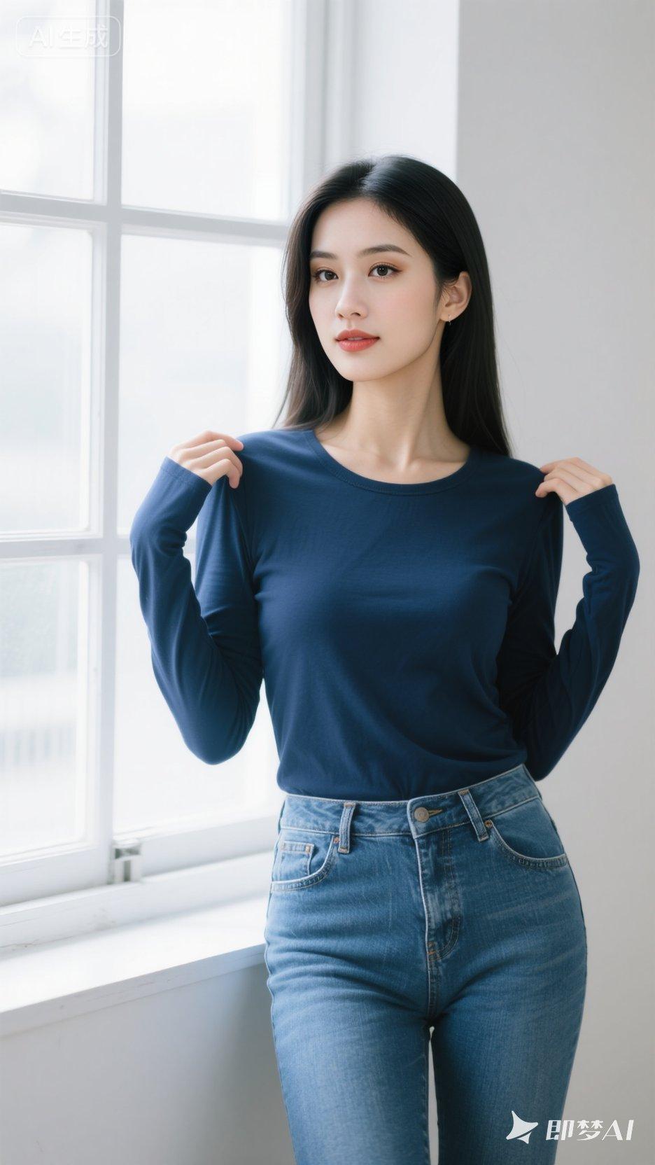 一位东亚女性，她胸形饱满，冷白肤色，有着一头乌黑柔顺的长直发，自然垂落在肩头。她