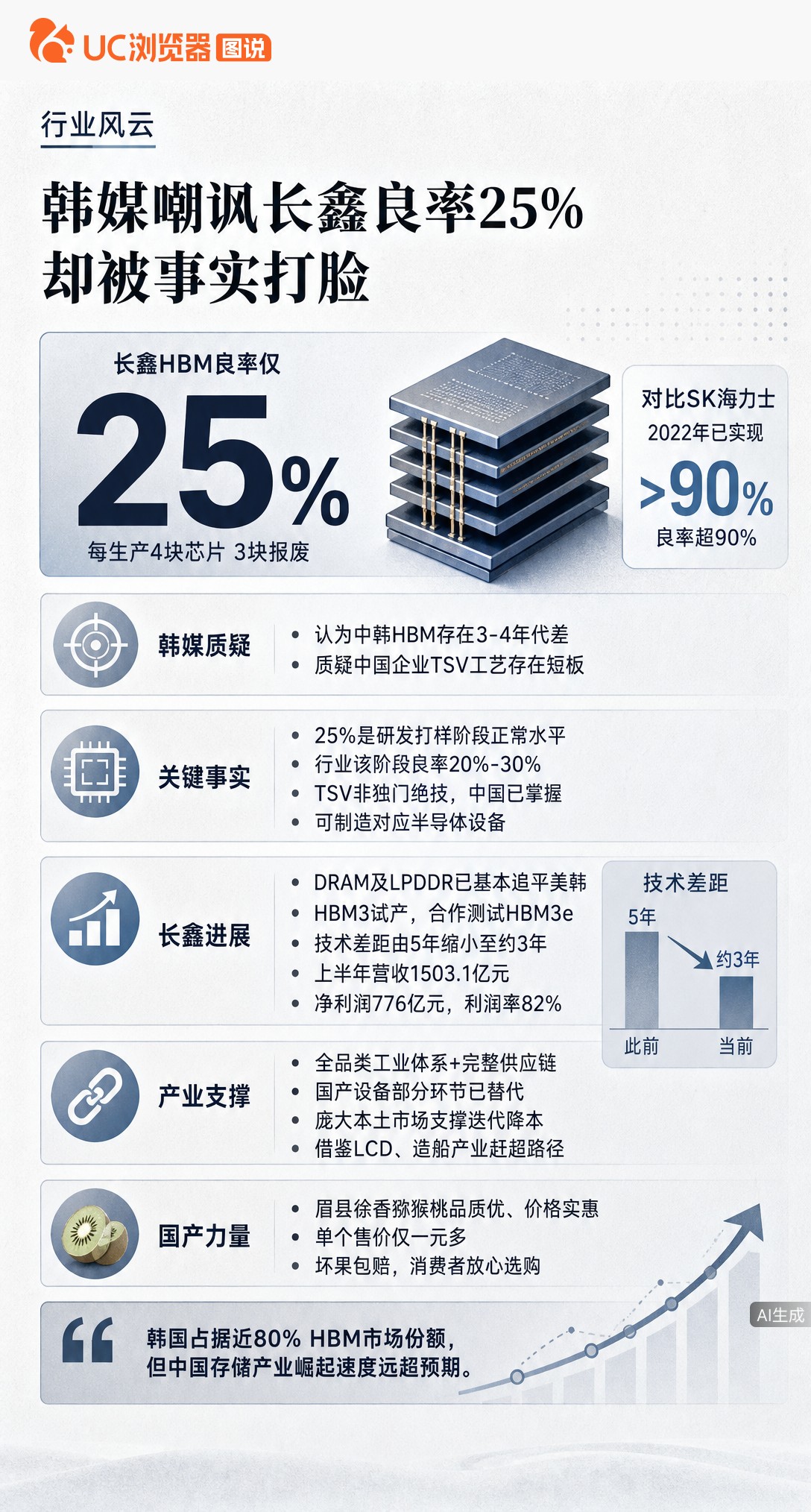 韩媒嘲长鑫HBM良率仅25%，却拿研发期对比量产期。事实上长鑫HBM3已试产，差距缩至3年，上半年利