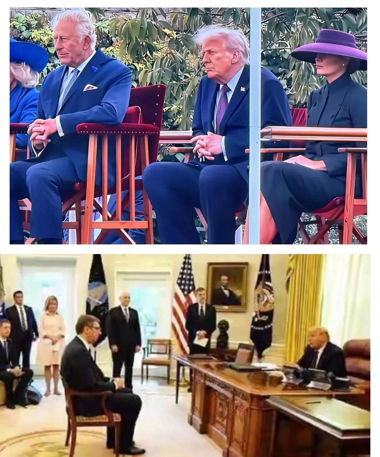 特朗普在英国，反正这小马扎是坐了，这让人想起当年塞尔维亚武契奇访美坐的那张小椅子