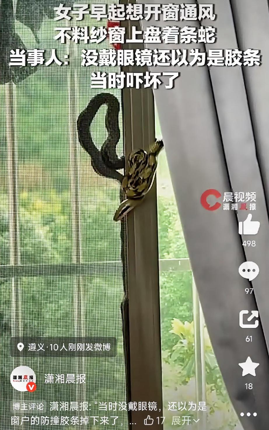 太吓人了！贵州遵义，一女子早起开窗没戴眼镜，迷迷糊糊去拉窗户，一眼瞅见纱窗边框上