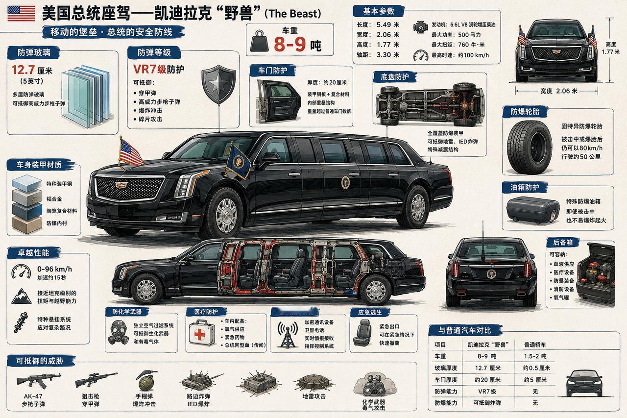 凯迪拉克“野兽”是美国总统的专用豪华装甲轿车，由通用汽车（GM）旗下凯迪拉克品