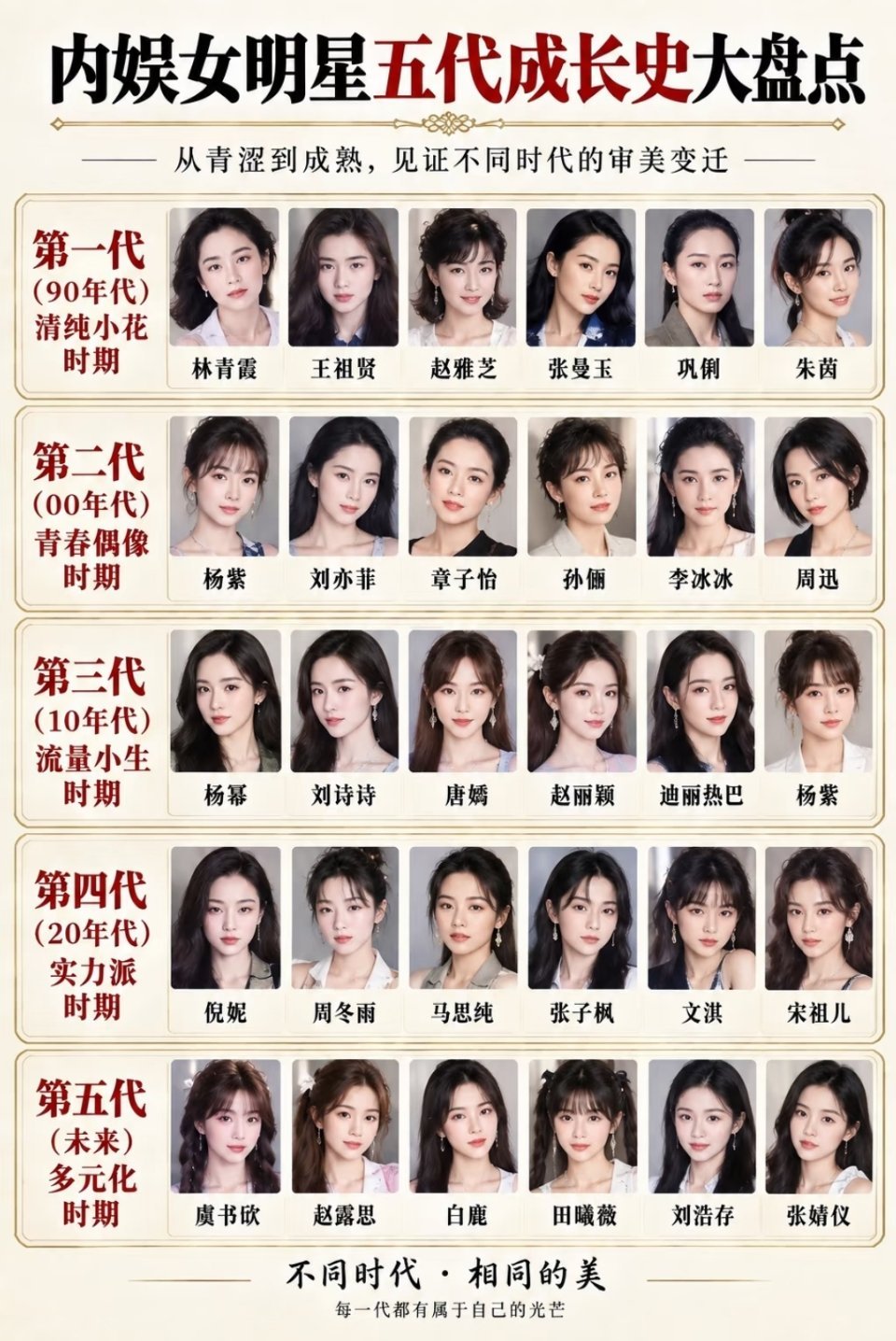 内娱🐟女明星五代图鉴第一代90年代清纯小花:林青霞、王祖贤、赵雅芝、张曼玉、巩俐、朱茵第二代00年
