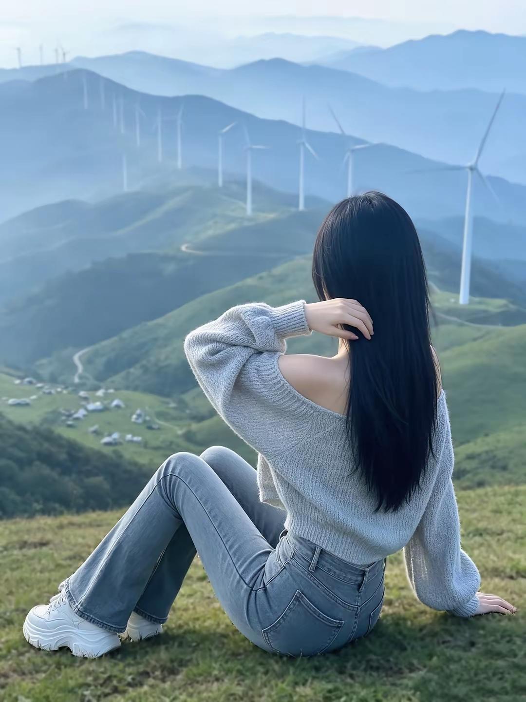 山间少女，静坐风起，心随云动。