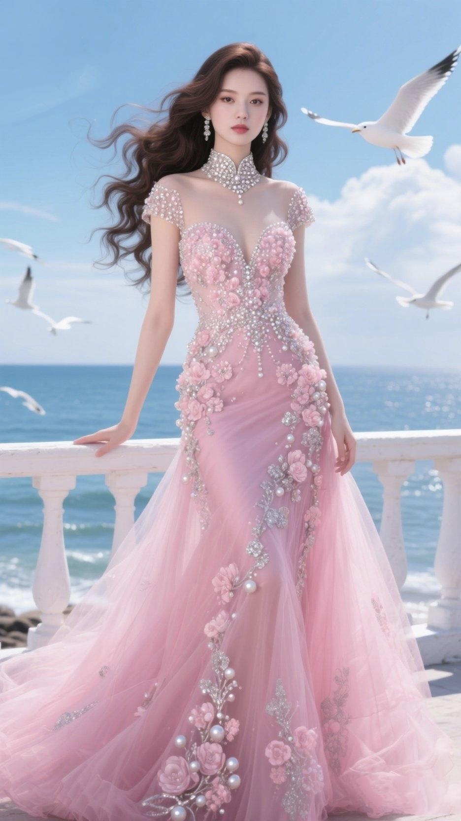 《粉裙与海》海风漫过云的轻纱你立在白栏杆前，像一首未写完的诗粉纱裁