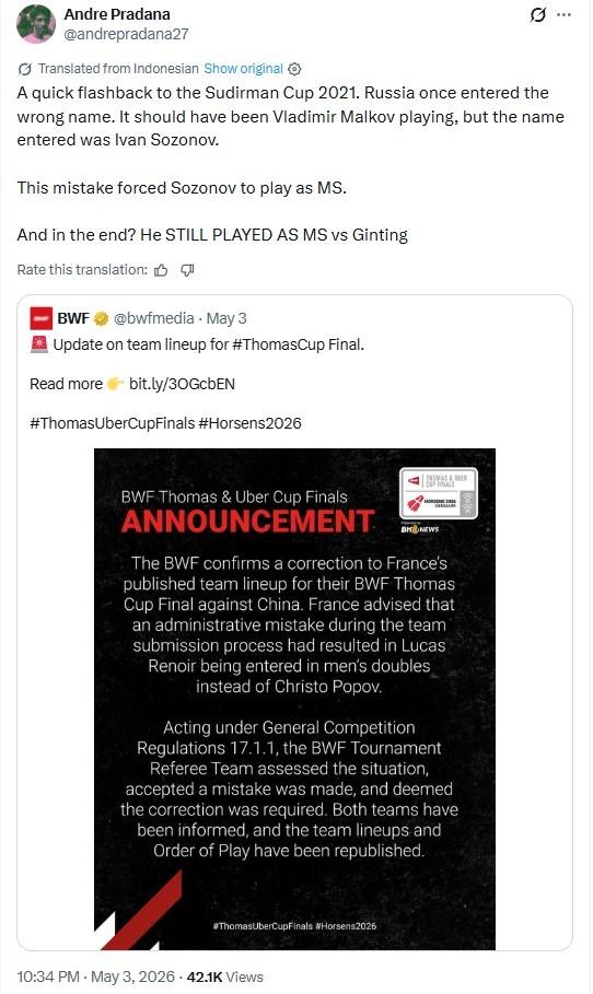 法国队更正汤杯决赛名单，这事越闹越大了这事还有球迷在硬刚BWF，翻出了202