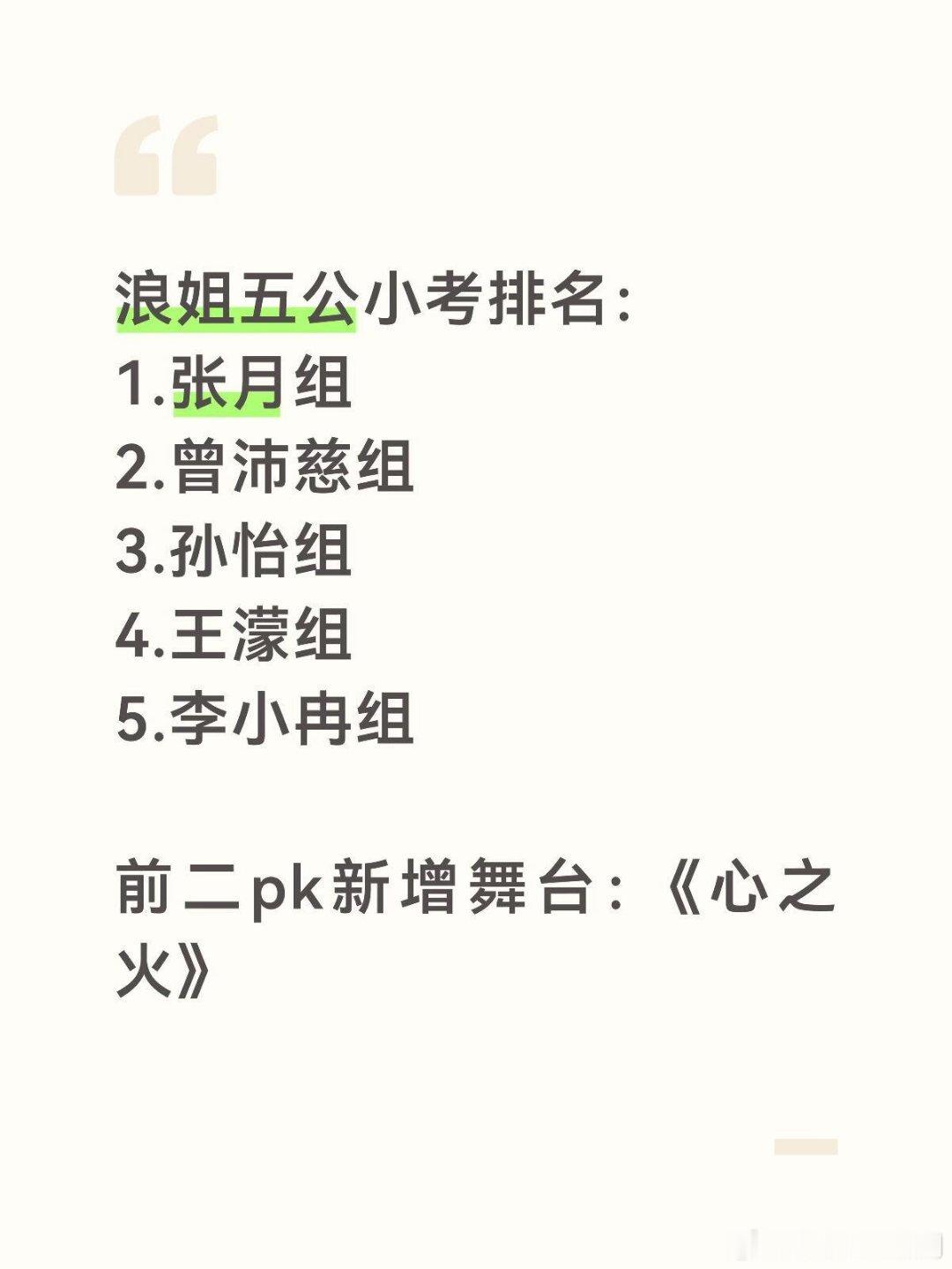 乘风破浪的姐姐浪姐五公小考及新增舞台已出《心之火》是赛前秀，根据以前往届来看赛前