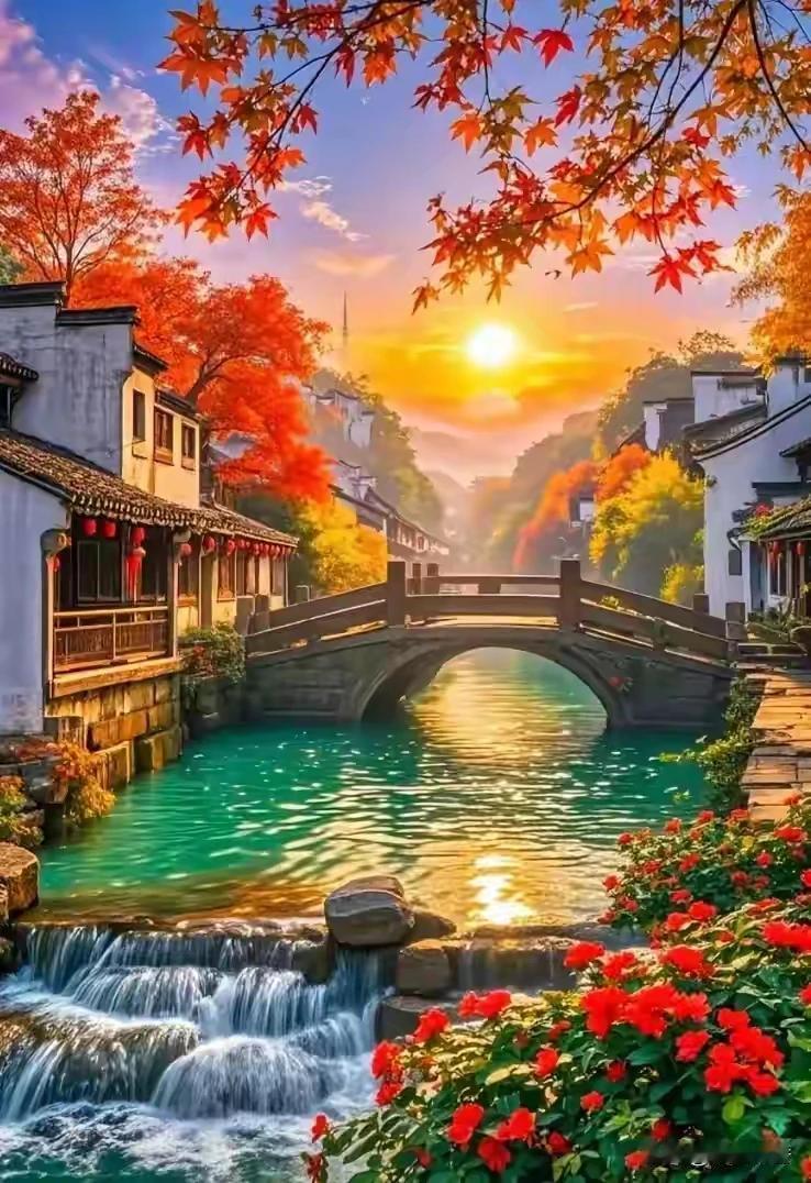 银杏鎏金枫染彤，层林织锦势如虹。清波潋滟盈秋色，五彩斑斓仙境中。