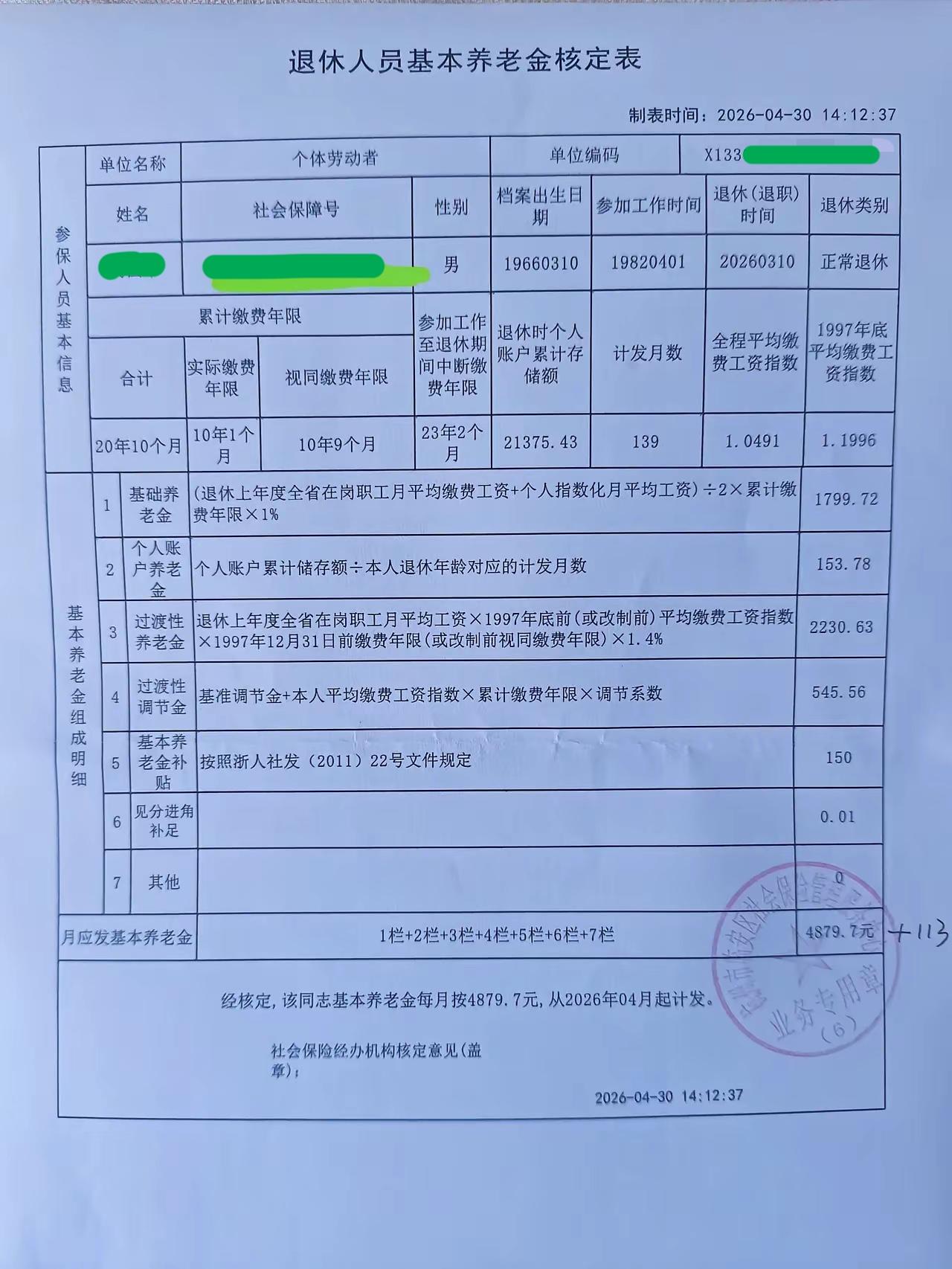 又见浙江省的退休人员基本养老金核定表，个体劳动者，累计缴费年限20年10个月，月