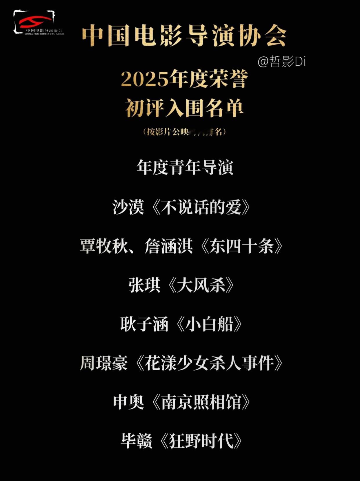 2025年度中国电影导演协会年度荣誉初评入围名单揭晓，共有27部影片入围本届年度
