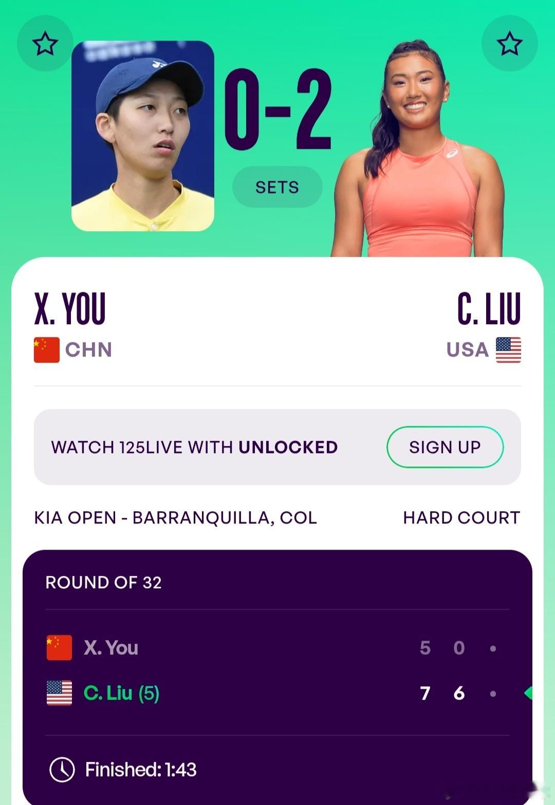 WTA125巴兰基亚🇨🇴站女单第1轮尤晓迪🇨🇳5-7/0-6不敌刘婧文?