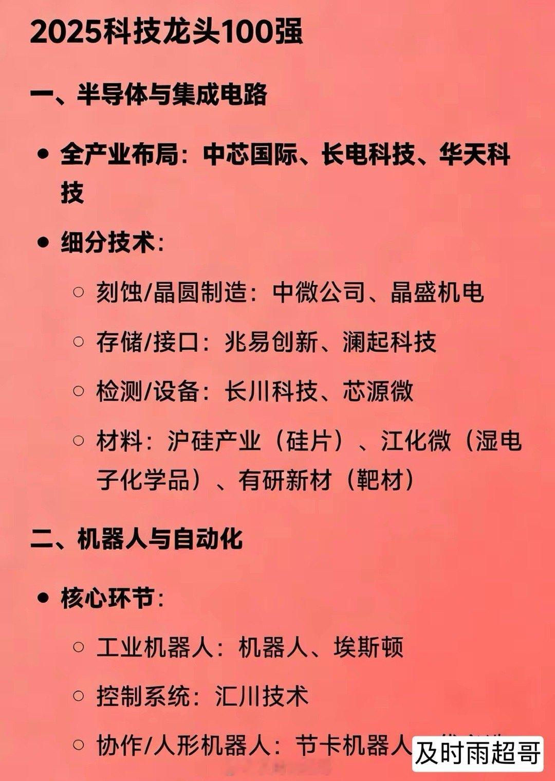 2025科技龙头100强一、半导体与集成电路全产业布局：中芯国际、长电科技、华天