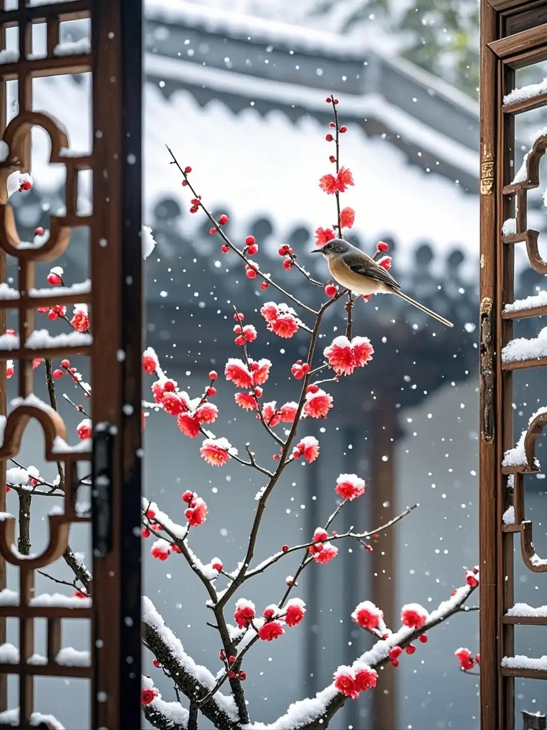 上联：独酒梅窗闻雪落，下联：共赏竹径观云起，下联：同游兰苑听风吟。