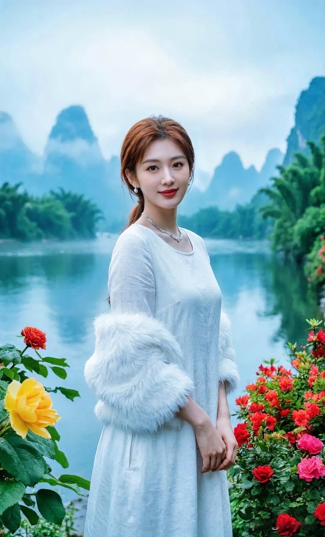 白裙似雪，晕染山水的韵。毛袖轻笼，裹住春日的温。她立在花畔，笑意融着水柔