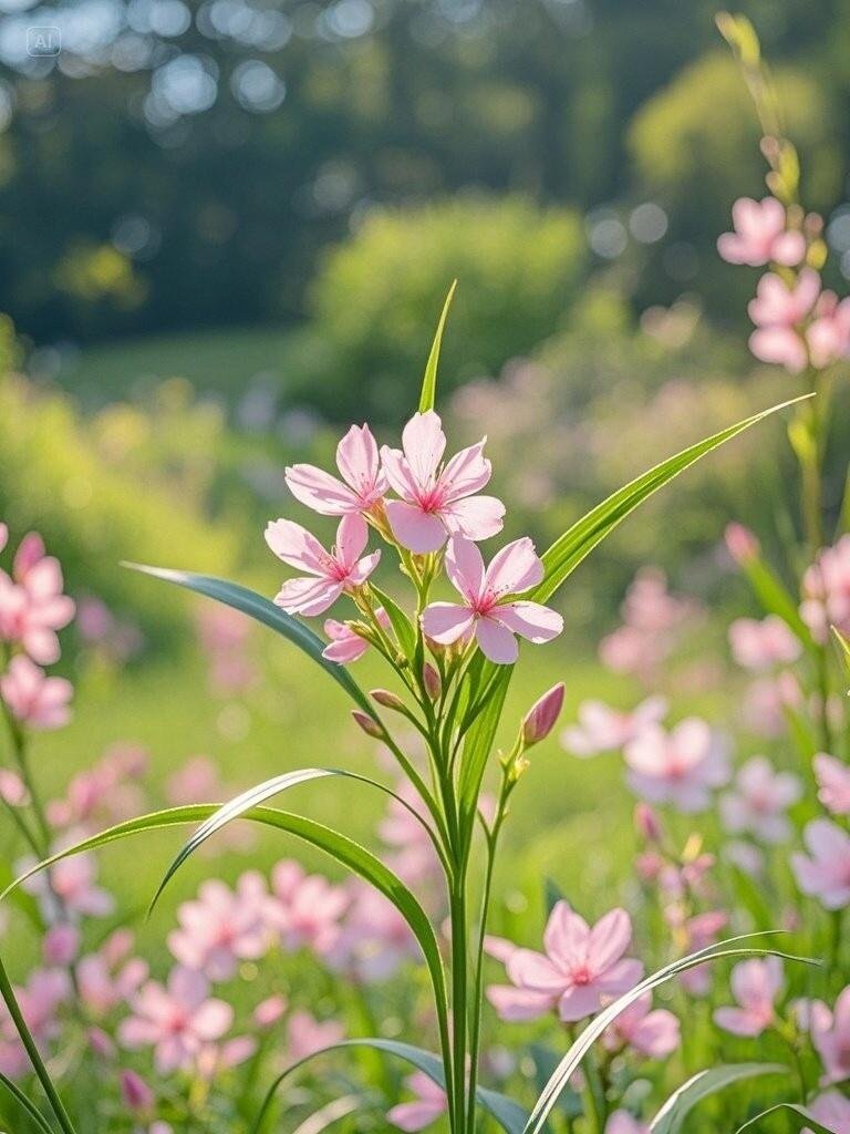🌸外观：山桃草的花朵精致而优雅，花瓣薄如蝉翼，呈现出淡淡的粉色，像是从童话中走