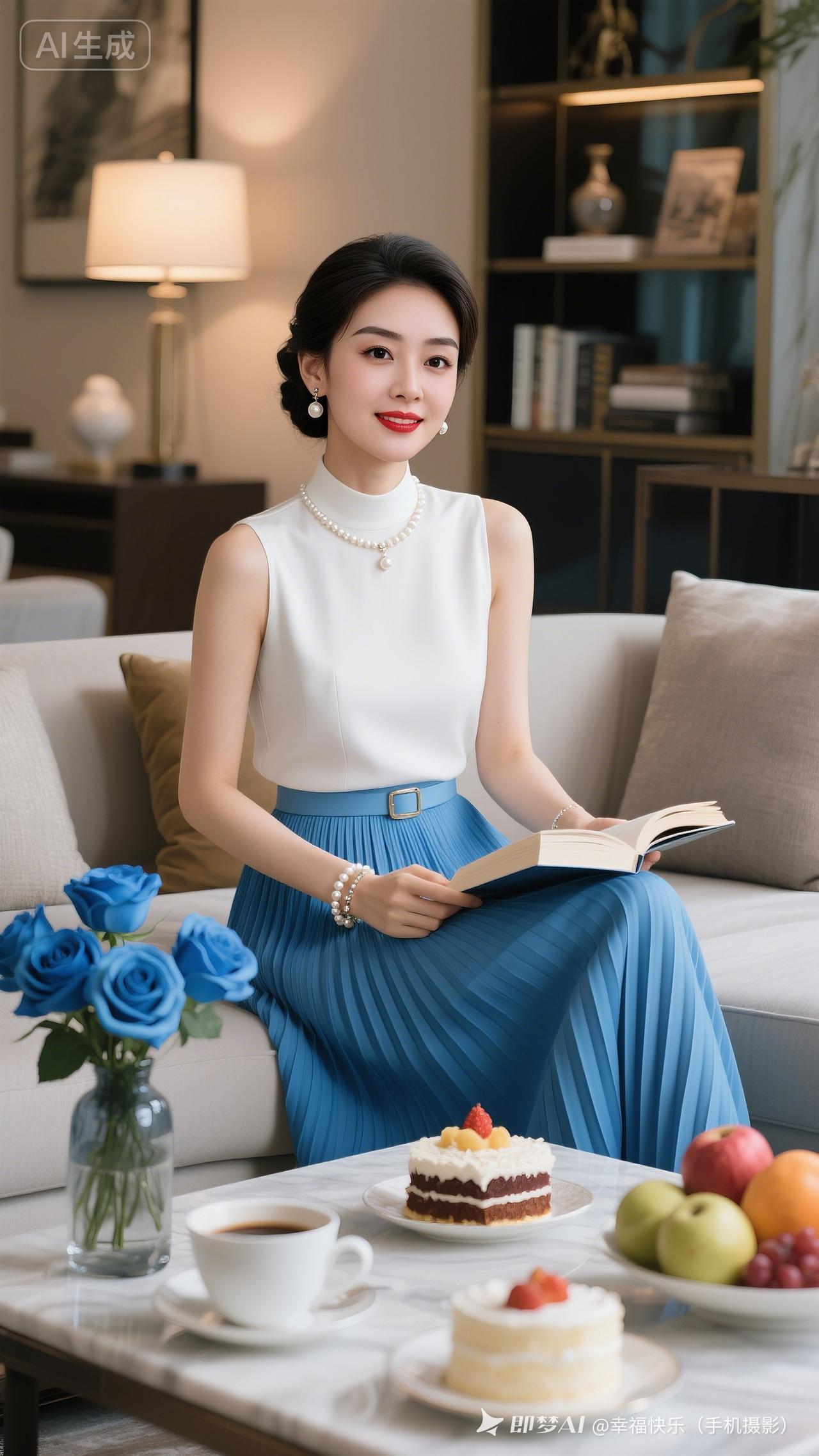 优雅下午茶时光，蓝白相间，静享阅读与甜点。