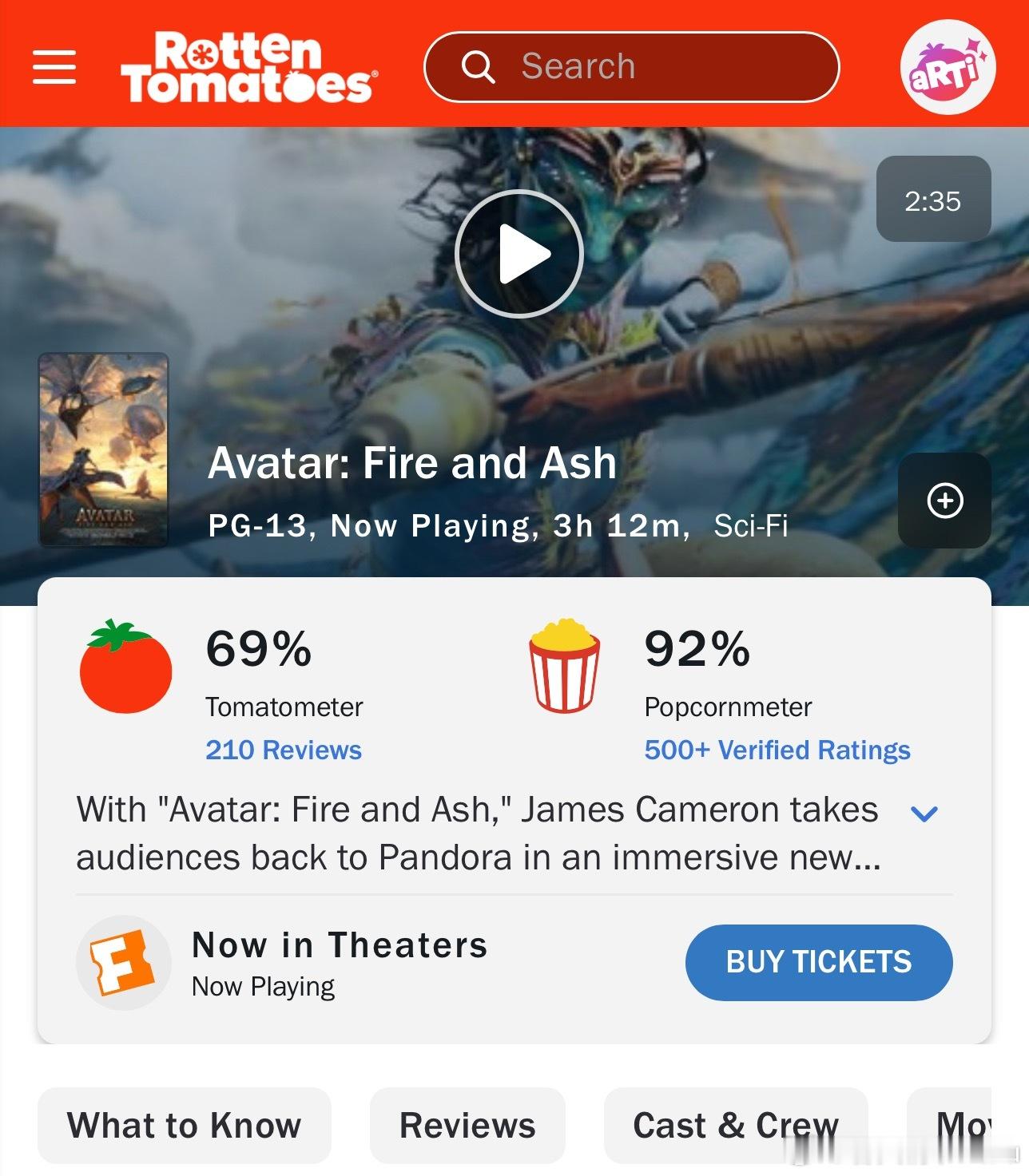 《阿凡达：火与烬》烂番茄上观众打分的爆米花指数开分92%，与第二部一样