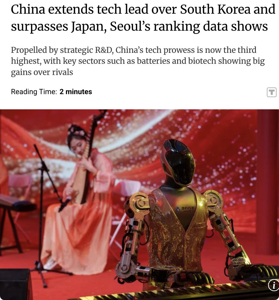 外媒：据韩国科学与信息通信技术部的评估，中国在关键科技领域的领先优势不断扩大，2