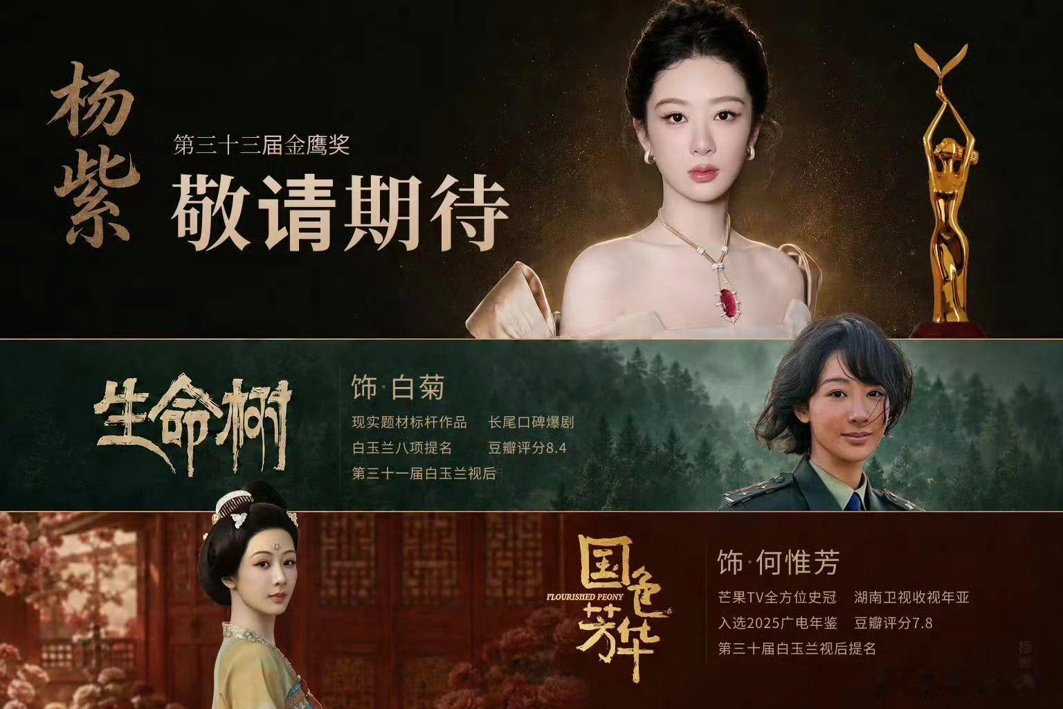 金鹰奖杨紫凭借《生命树》《国色芳华》两部佳作参与角逐，成为本届颇具看点的候选人。