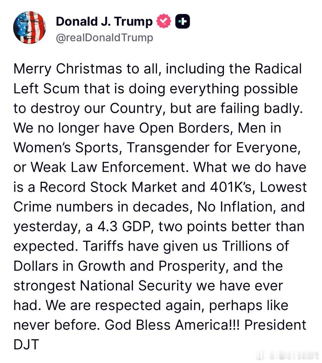 ‼️特朗普：“祝所有人圣诞快乐，包括那些正在竭尽全力摧毁我们国家、但却严重失败的