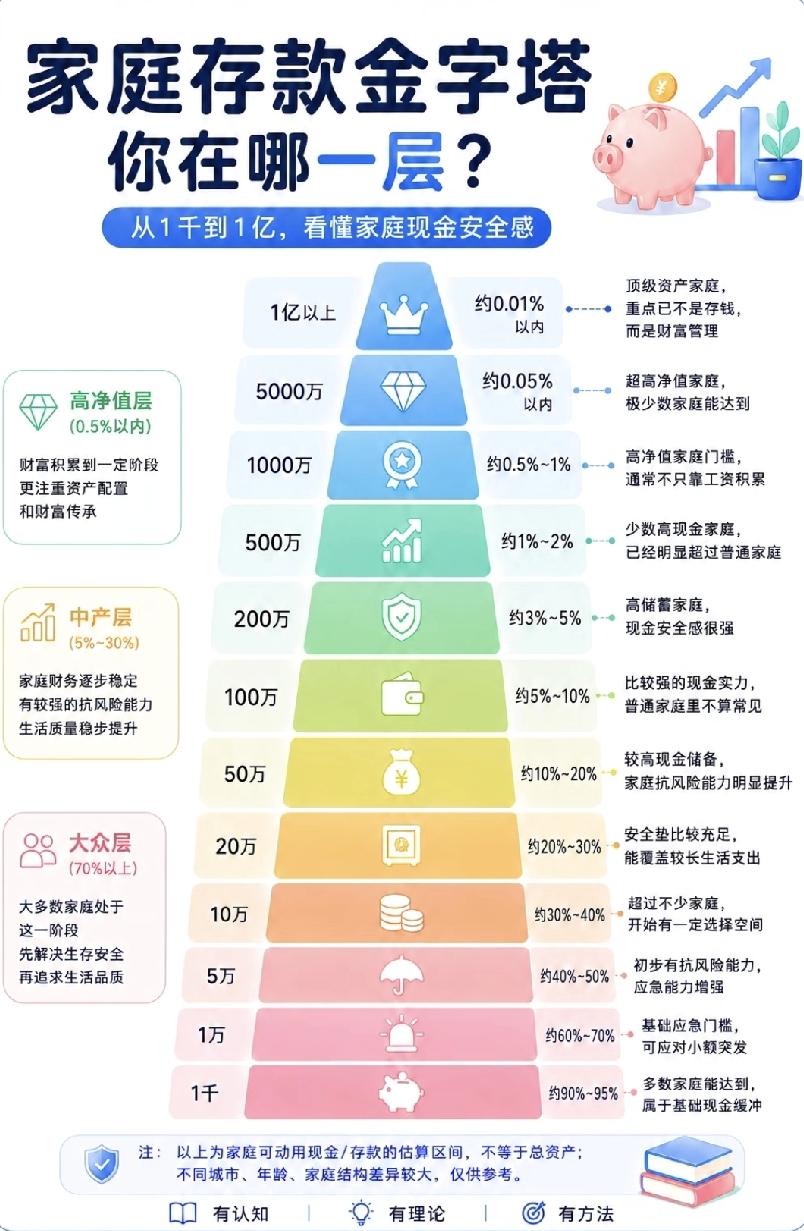 各类家庭存款水平：1、普通家庭：存款10万元以下。2、小康家庭：存款10