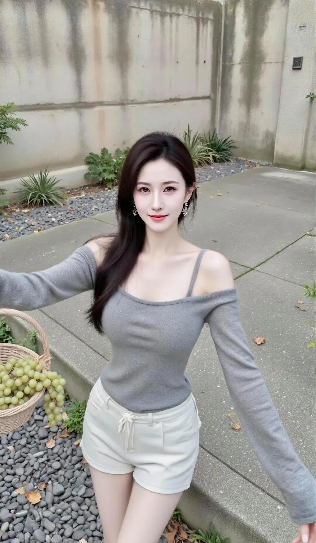 灰色露肩上衣+米色短裤，清新自然，轻松惬意！🌞💕