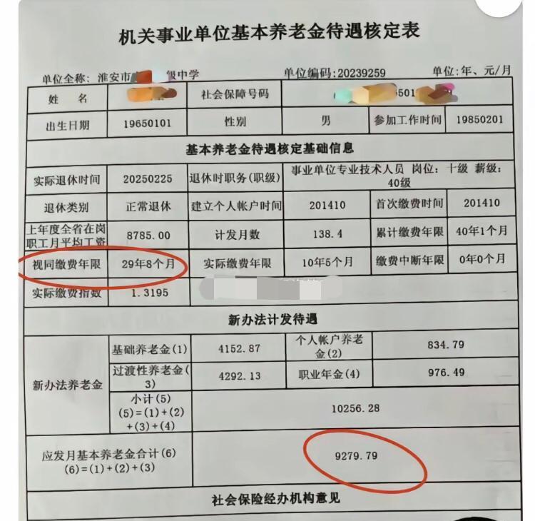 江苏淮安的网友分享了他29年多的教师退休工资，最后计发待遇是9200多元，其中基