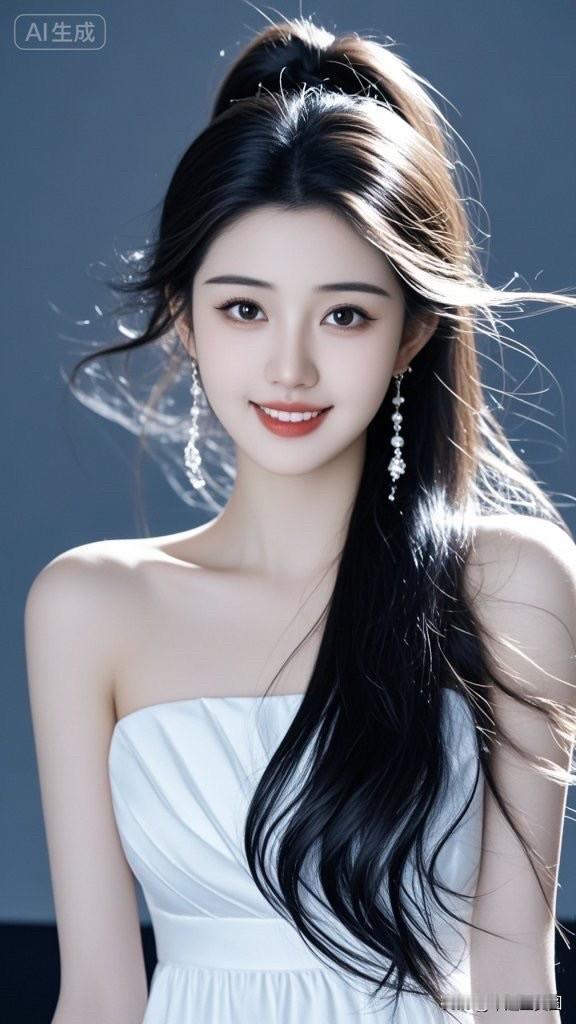 优雅白裙少女，甜美笑容，梦幻发丝，AI生成美照