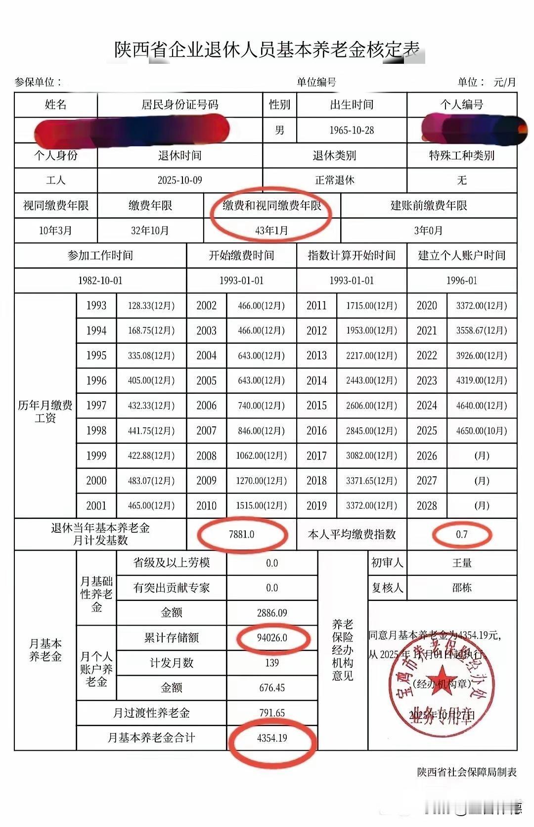 这张来自陕西的退休金核定表，如同一本清晰的人生账簿，让每位退休者都能读懂自己的养