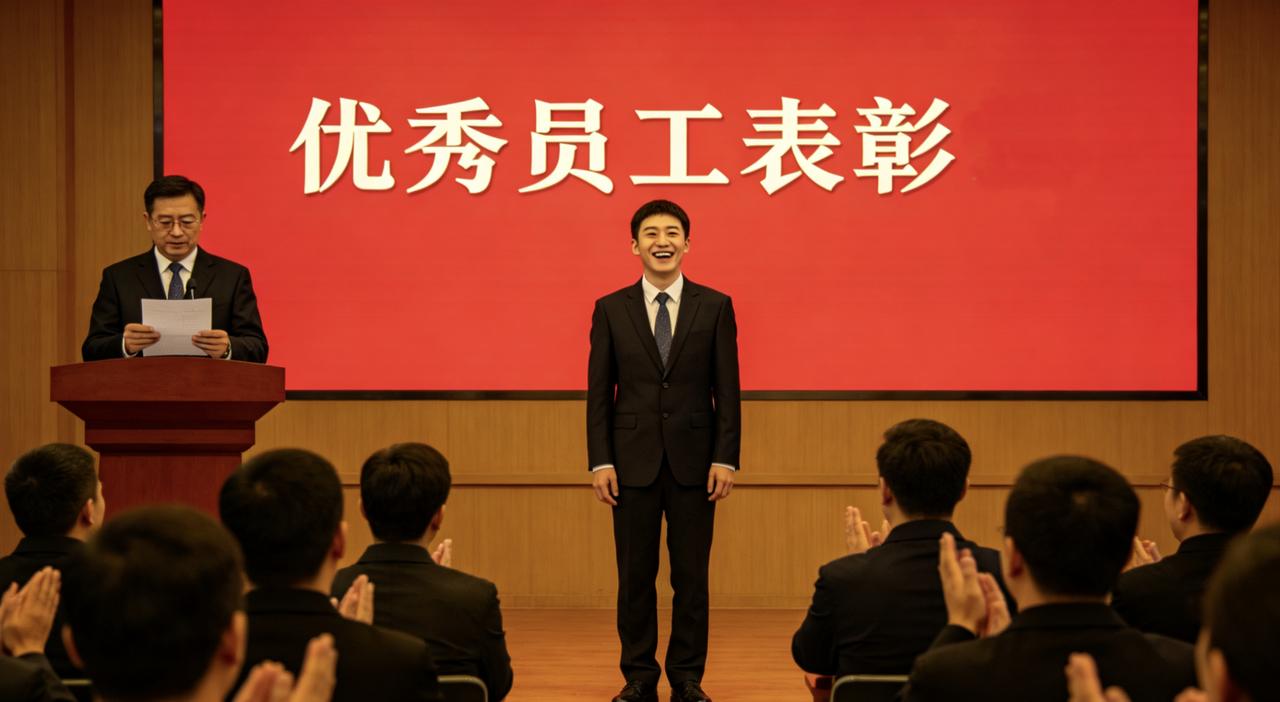 去年年终评优，领导在大会上念了一段表彰词：“小王同志工作兢兢业业，全年主动加班超