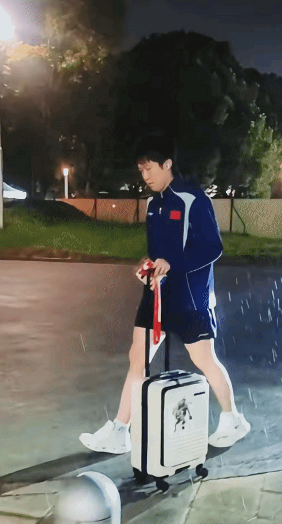 决赛当晚王楚钦淋着雨，推着行李箱，没人为他撑伞，他自己也没披毛巾，看起来心事重重
