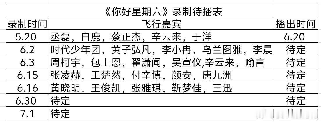 《你好星期六》最新录制待播表你好星期六‖你好星期六