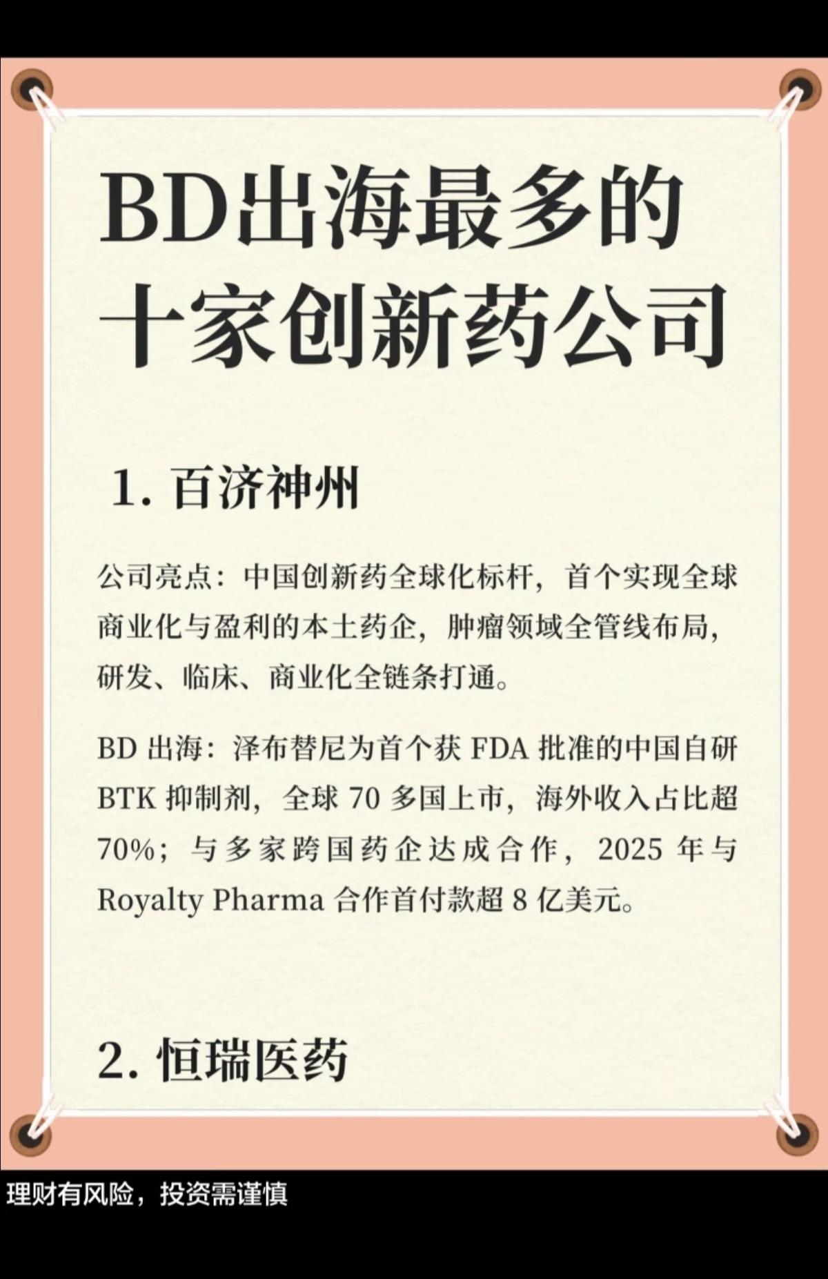 创新药：出海最多的十家创新药公司！都是创新药全球标杆！BD出海，与国外多家