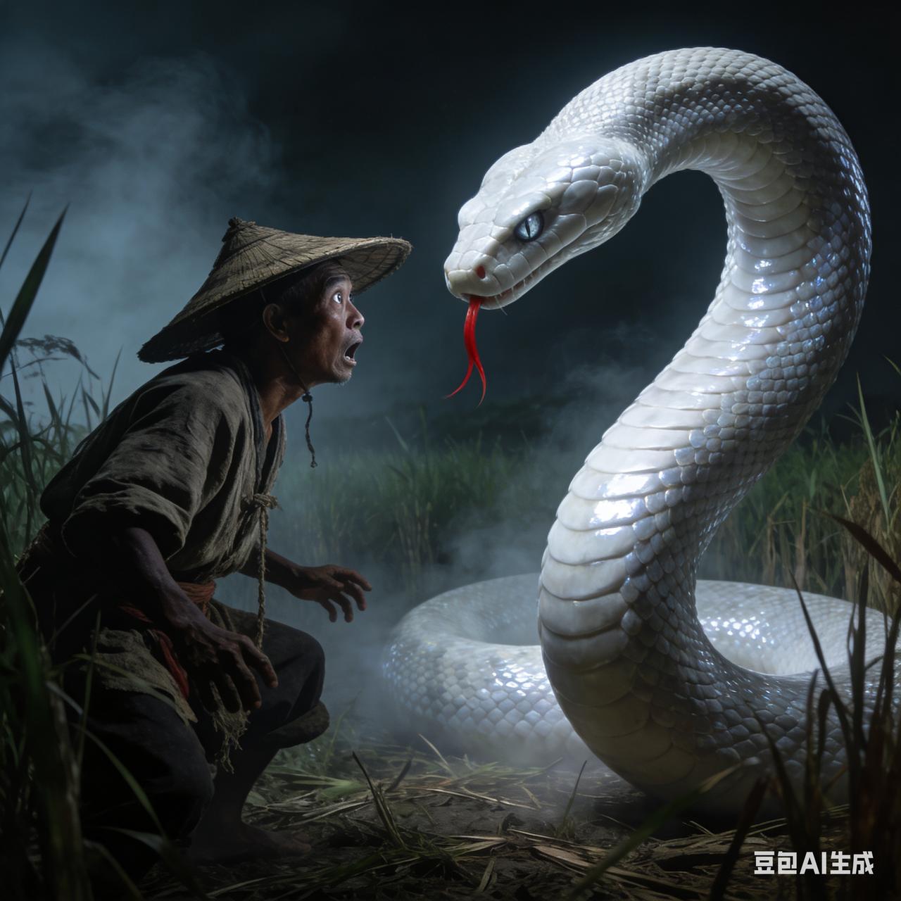 萍乡曾有个农夫，一次上山种树，一锄头下去，忽然觉得有异样。一条白色小蟒蛇