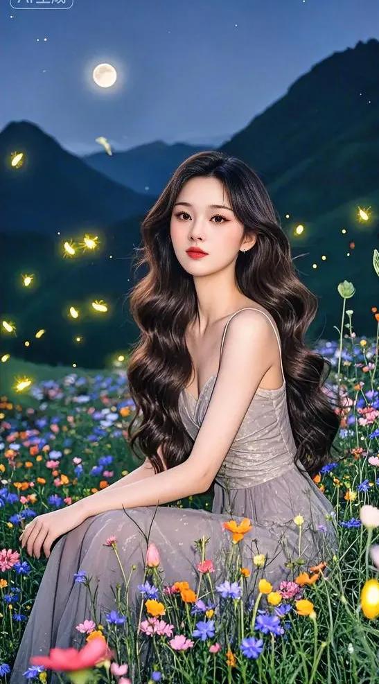 夏夜花野的温柔晚山衔着满月，星子落在风里。她裹着雾色纱裙，坐在打翻的花桶旁