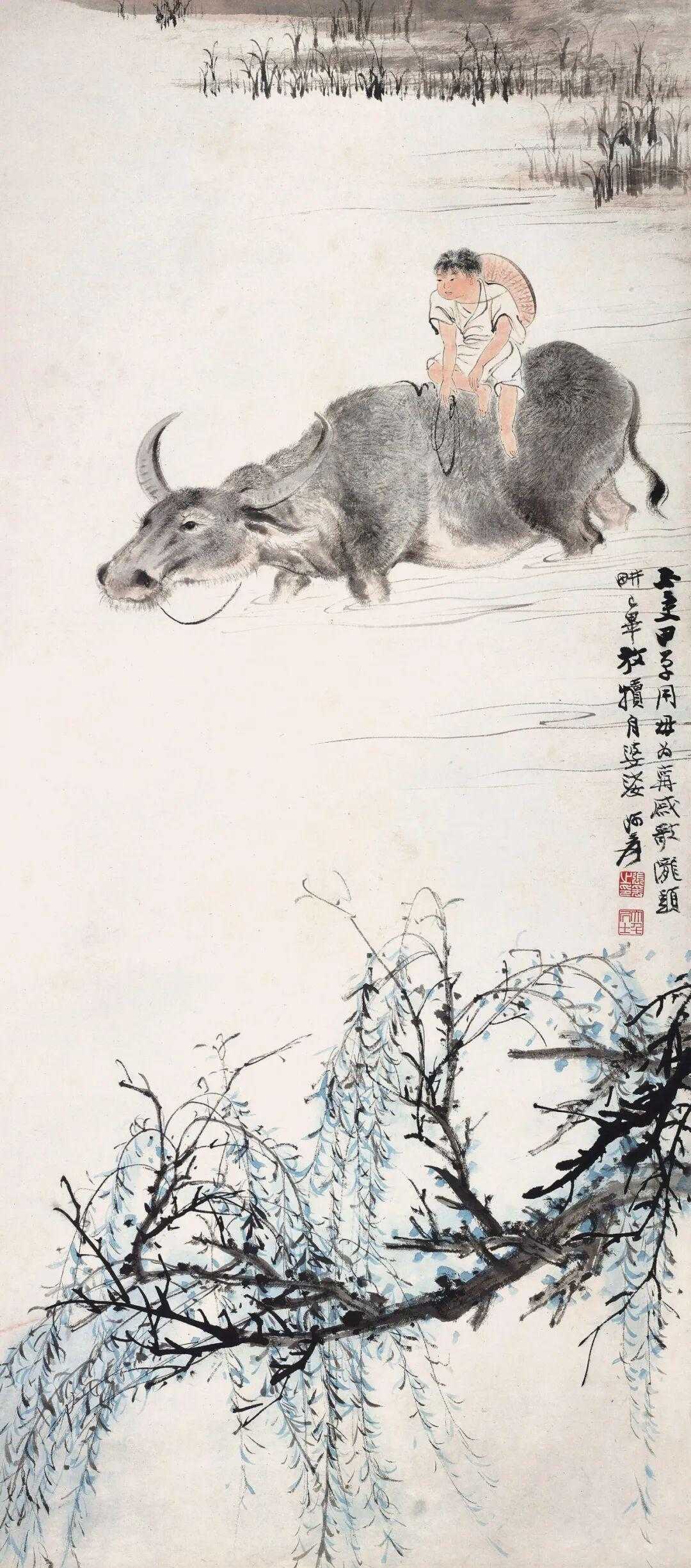 张大千《牧牛》，立轴 设色纸本100.5×44.5cm。设色清雅，牧童赤脚坐