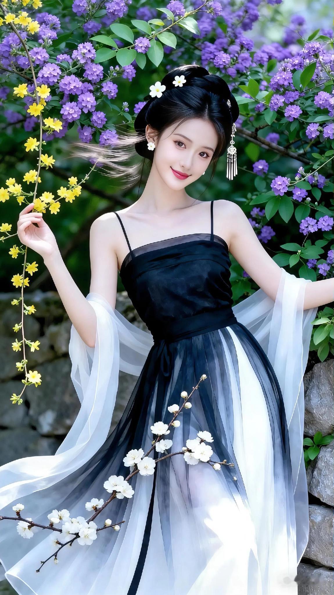 犹如古代画卷中的仙女，清丽绝伦，姿容秀美，淡淡的眉如远山，流盼之间透出一股灵动之