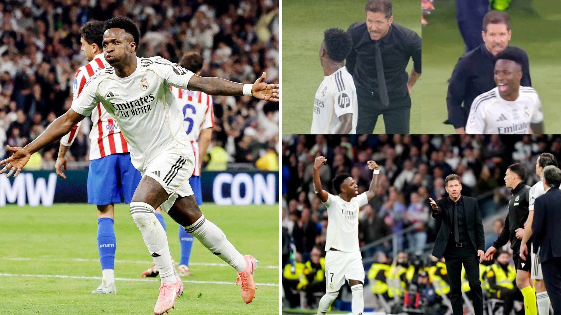 媒体放出马德里德比，维尼修斯在被换下场时与马竞主帅西蒙尼产生的争论画面。维尼修