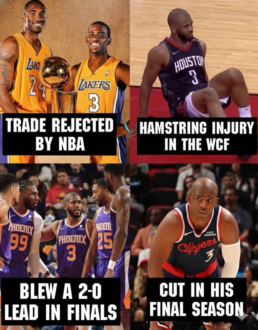 保罗或许是NBA史上最悲情的超级巨星😢💔🔸本可与科比联手的湖人交易遭联盟否