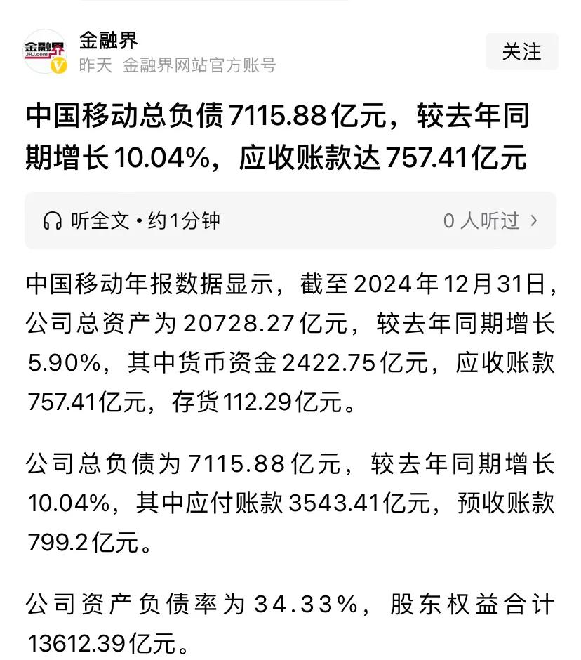 两千多评论，随便看一条都很扎心，几乎没人相信移动会巨额负债。今天看到一个新闻，中