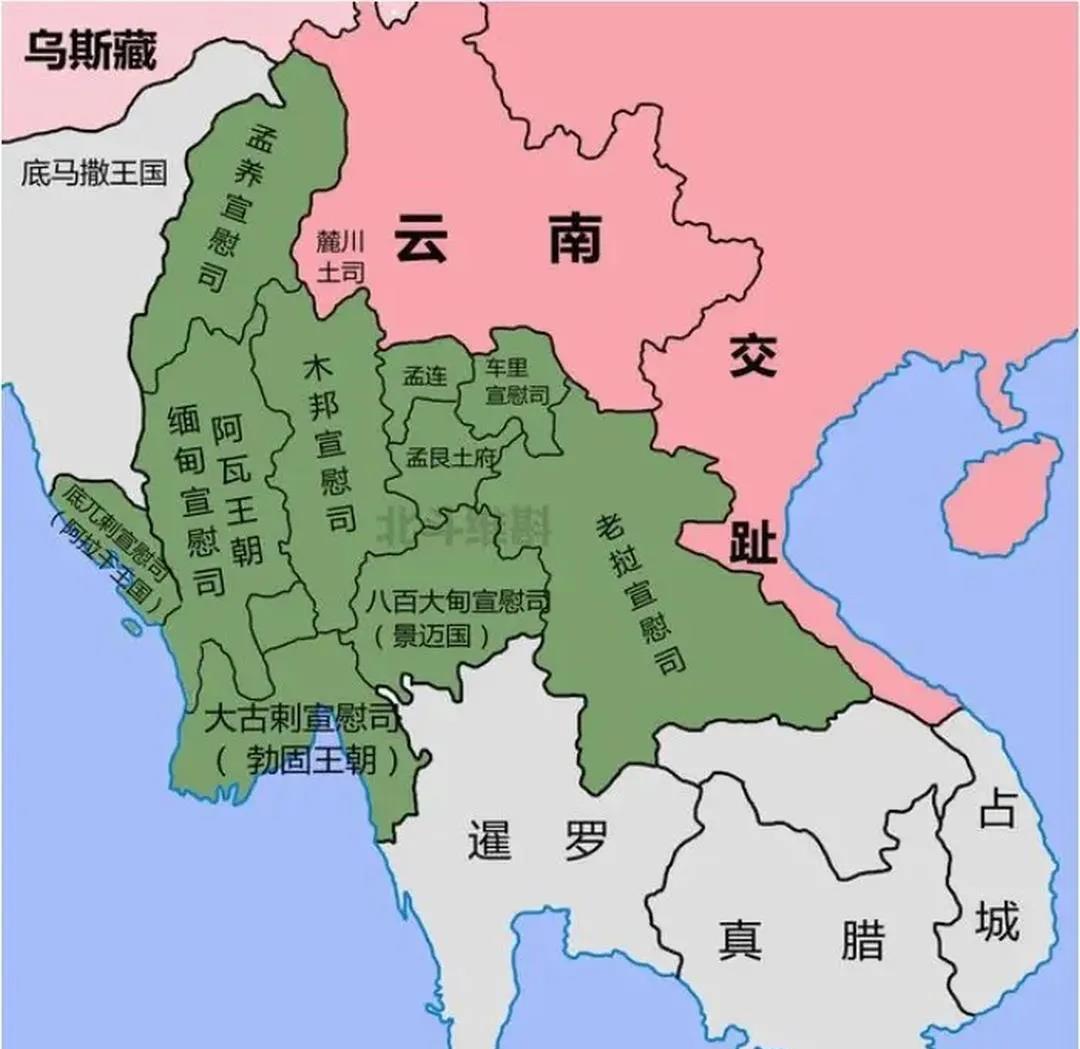 明朝可能是唯一个拥有印度洋沿海线的中国王朝，这是统治缅甸北部的行政划分，可见当时