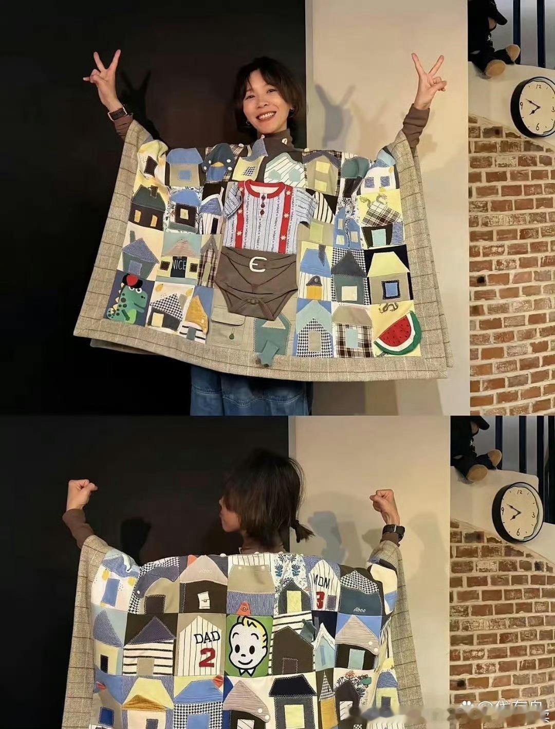 黄雅莉真的太厉害了。她把孩子‏的旧衣服改成了小﻿房子的形状，﻿‏缝在布上‏﻿做成