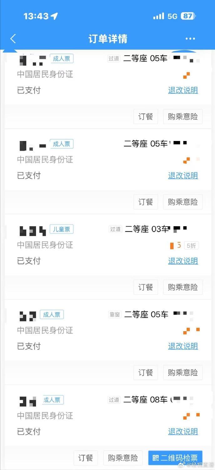 12306真该改改了！一网友在12306买票，4个大人一个小孩。买完票后，5